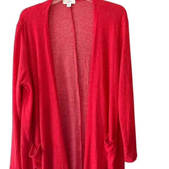 LuLaRoe Womens Open Front Long Red Cardigan Sweater Pockets Lightweight Knit XL - Picture 2 of 6